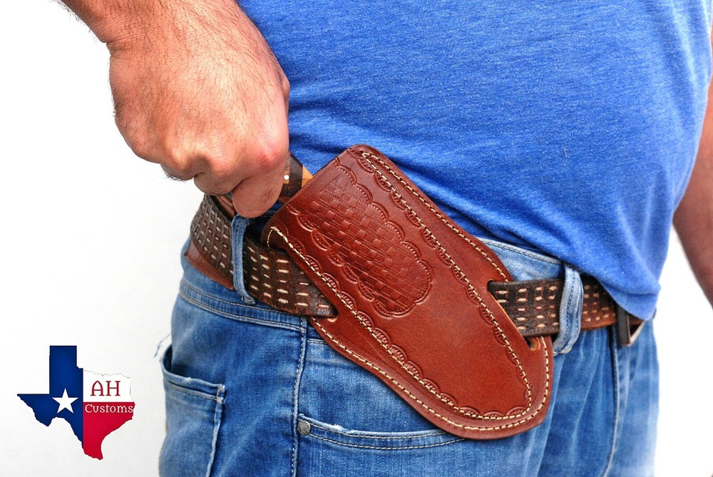 CUSTOM MADE PURE LEATHER HAND ENGRAVED HORIZONTAL SHEATH FOR FIXED BLADE KNIFE 9