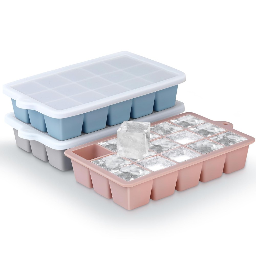 3PC Silicone Ice Cube Trays with Lid Easy Release Stackable Freezer Ice Maker