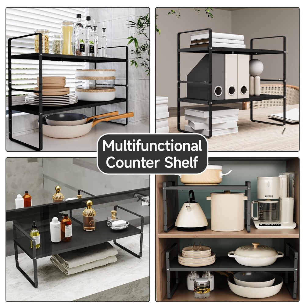 2Pack 16.5-27’’L Expandable Kitchen Shelf Organizer, Stackable Shelv