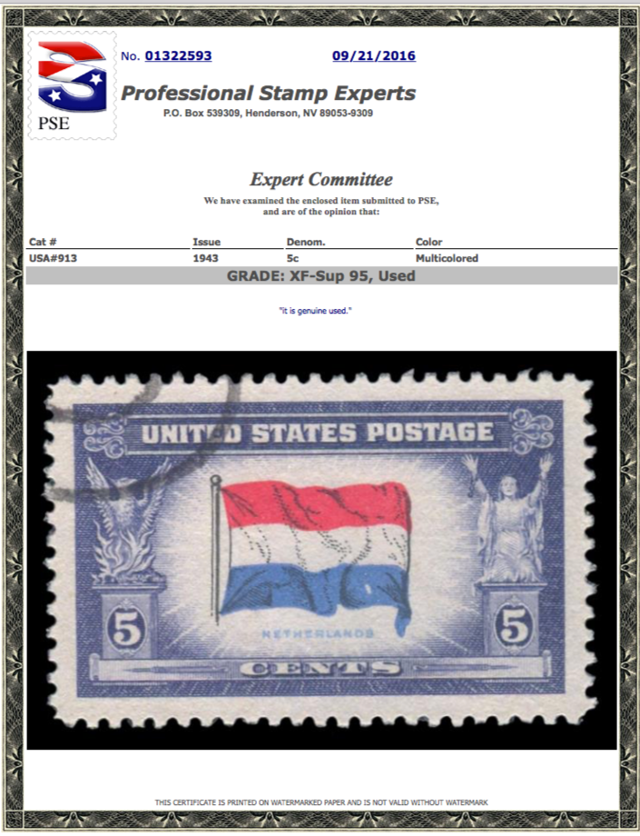 #913 Used, PSE Graded 95, Cert # 01322593