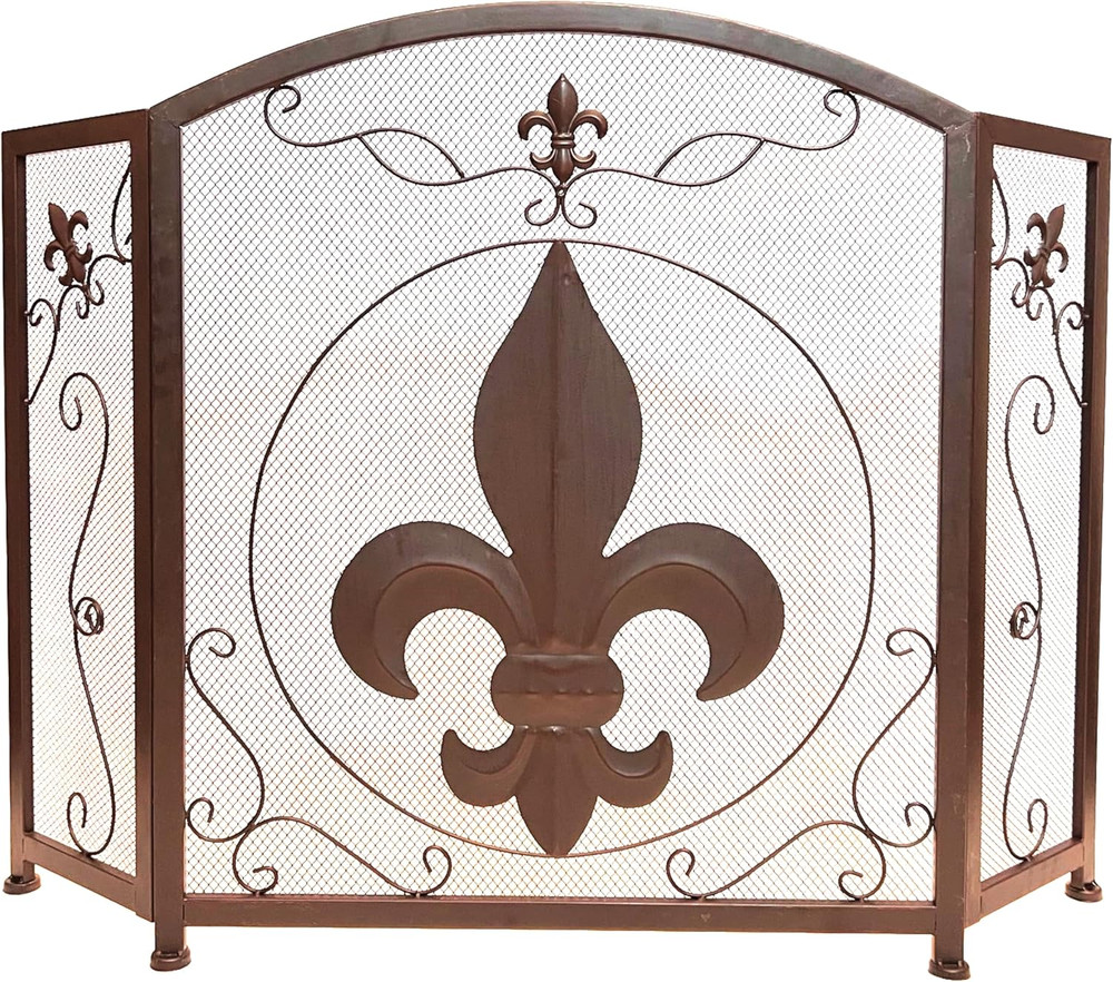 3-Panel Fireplace Screen Decorative with Fleur De Lis Design, Classic Dark Brown