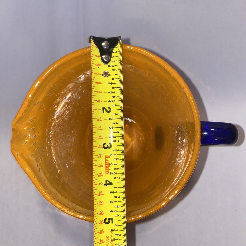 Hand Blown Art Glass Orange Pitcher Cobalt Blue Applied Handle Controlled Bubble