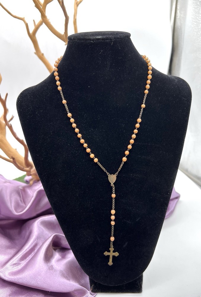 Vintage Orange Peach Beaded Rosary 16” Gold Tone Miraculous Medal