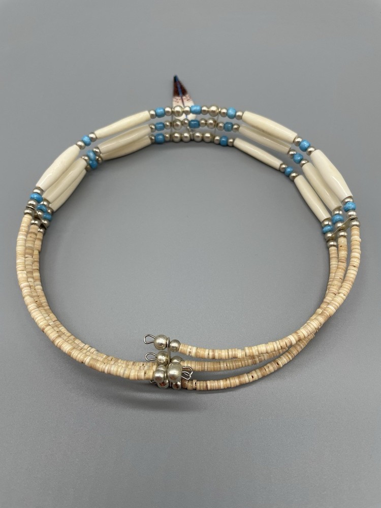Handmade native necklace cream, turquoise, silver beads with feather