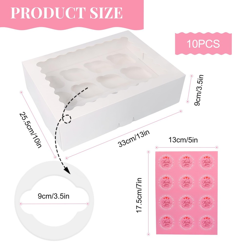10 PCS Cupcake Boxes 12 Count Container With Window Inserts White Bakery Box