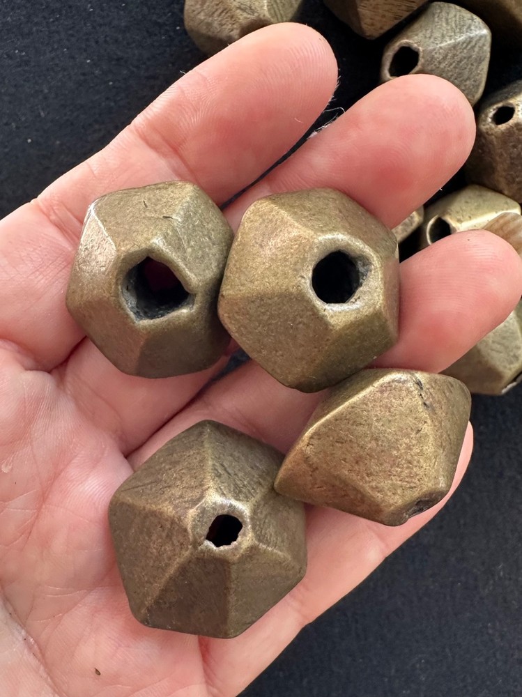 (B) 2 Large Antique Gond India Brass Hexagonal Beads