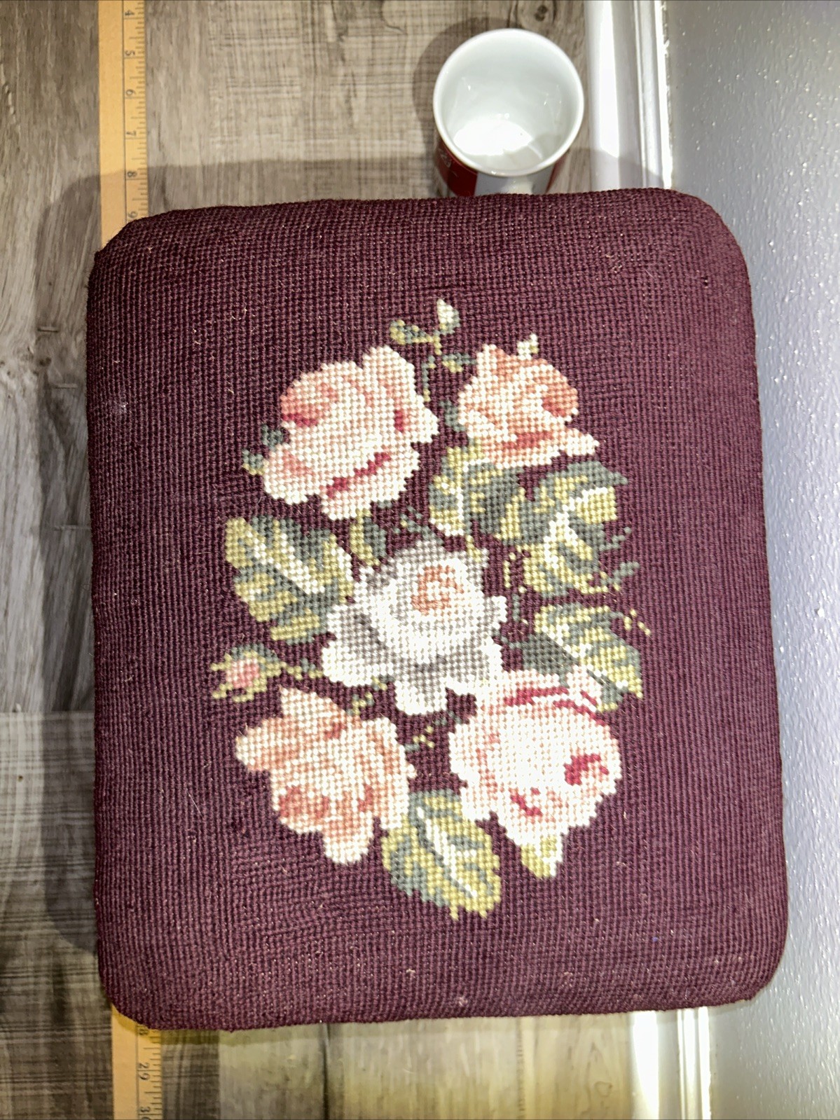 19thC Antique Victorian Stud Accents Footstool Floral Needlepoint Carved Walnut*