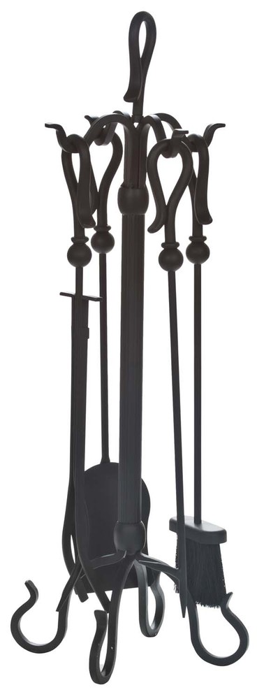 Dagan Five Piece Wrought Iron Fireplace Tool Set, Black