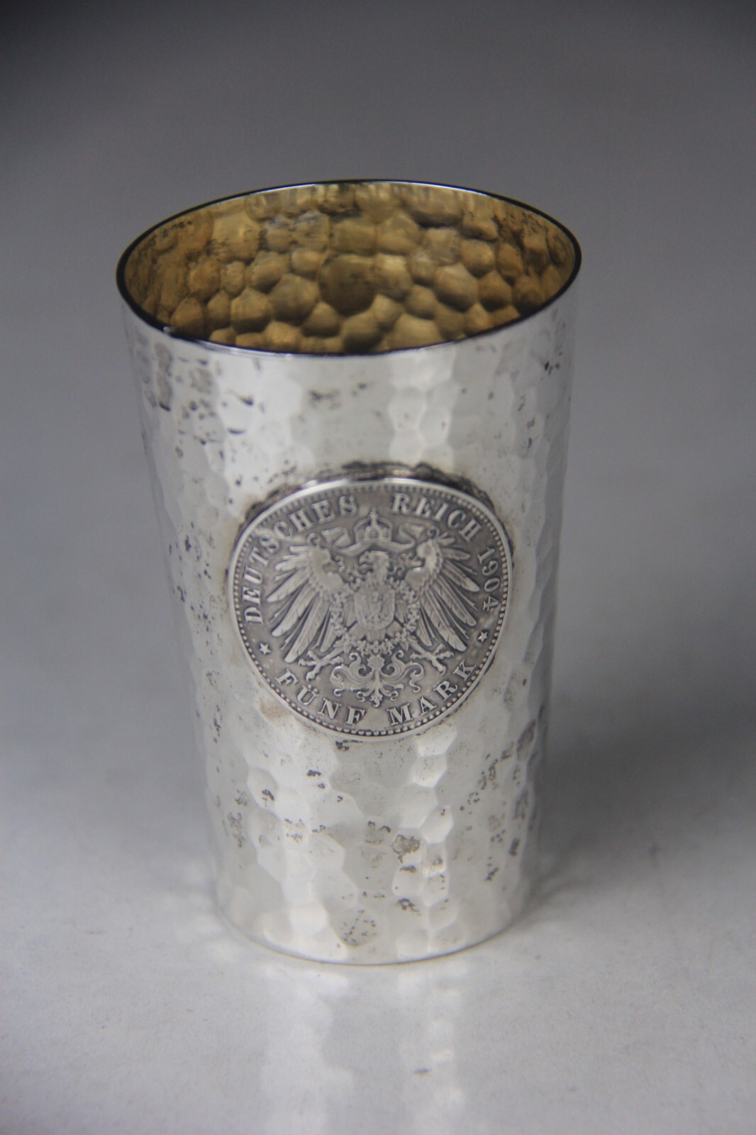 1904 German Hammered 800 Silver Beaker w/Hesse-Darmstadt 5 Mark Coin Attached