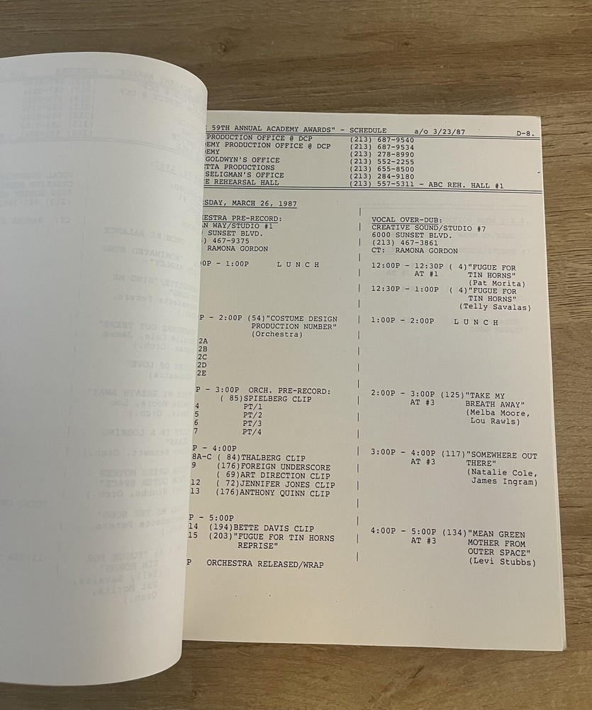 59th ACADEMY AWARDS Production Script Original Oscars - FINAL DRAFT 1987