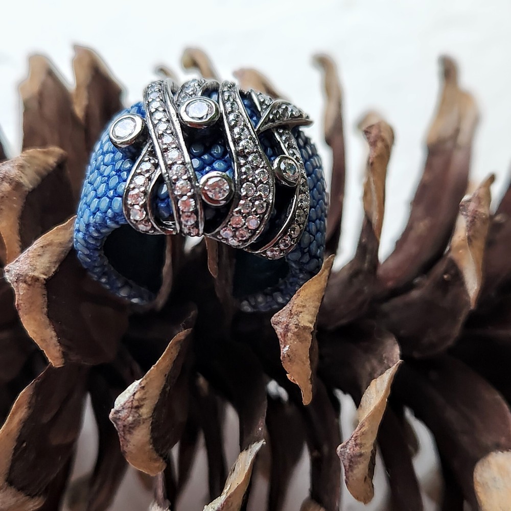 BLUE STINGRAY LEATHER, OXIDIZED STERLING SILVER, WTITE TOPAZ Adjustable Ring