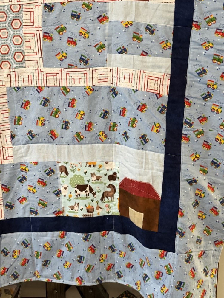 Patchwork Quilt Throw Blanket Handmade Signed Reversible Farmstead 53”x52”