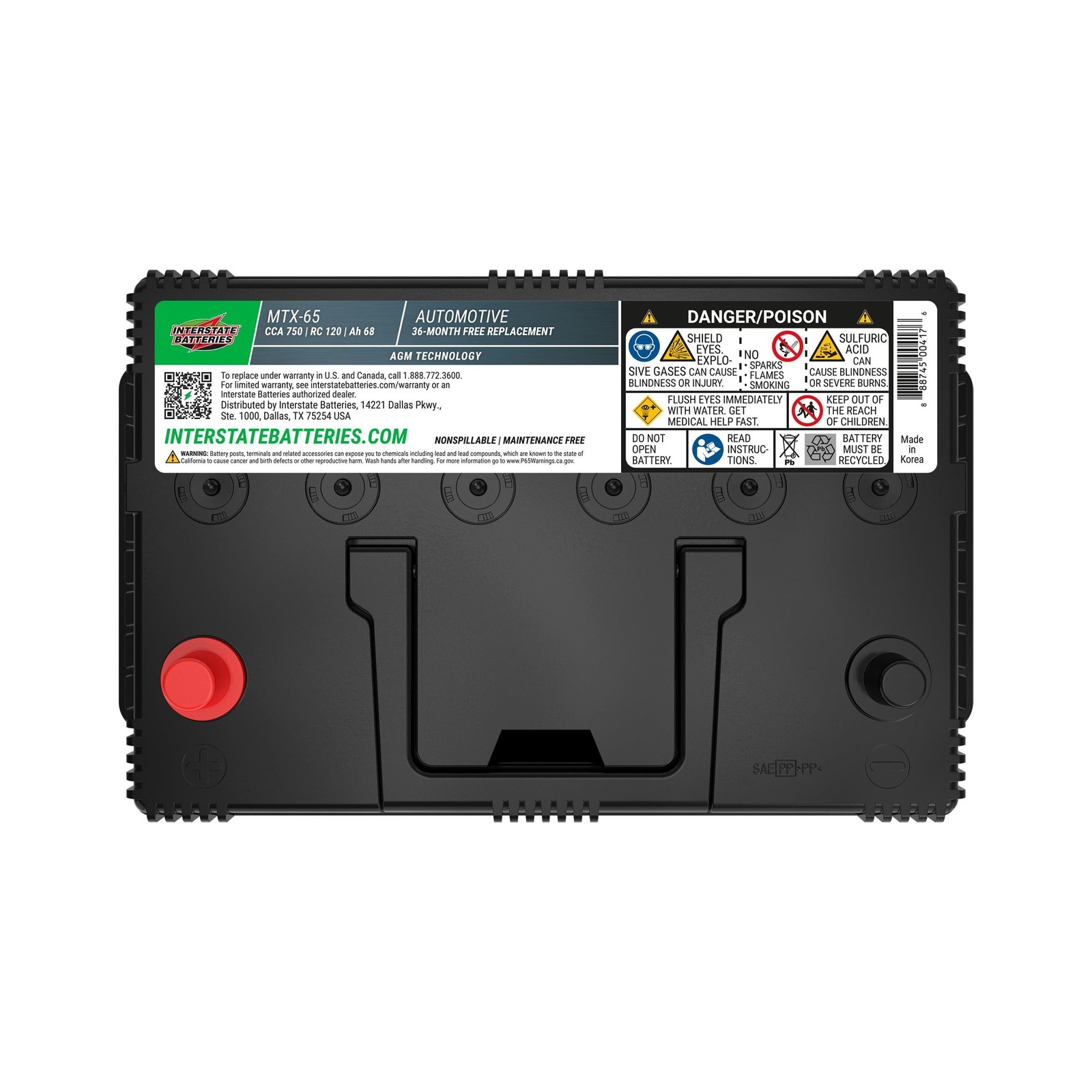 Interstate Batteries Automotive Battery 12V 68Ah (Group Size 65) 750CCA SLI A...