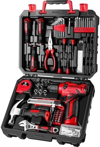 126 Piece Home Tool Kit with Red 8V Cordless Drill