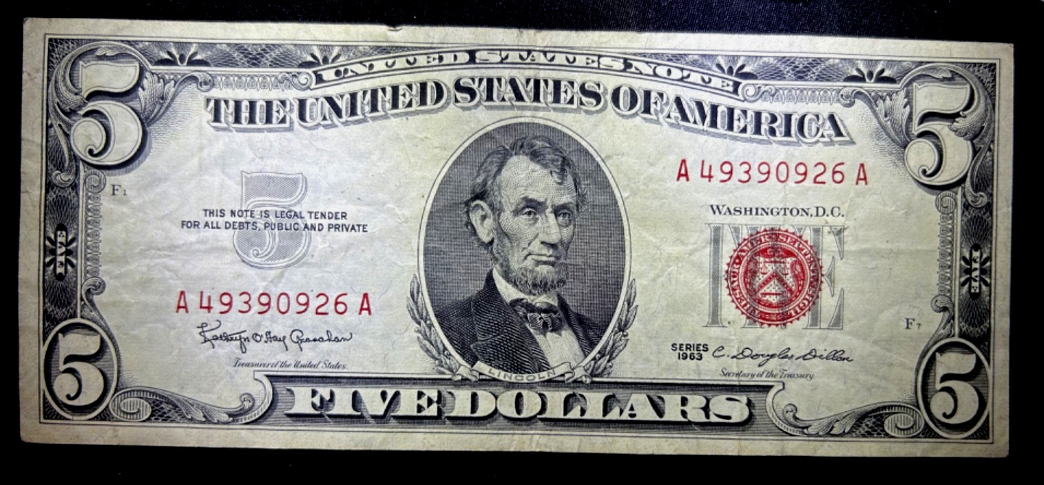 1963 FIVE DOLLAR RED SEAL CIRCULATED NOTE $5