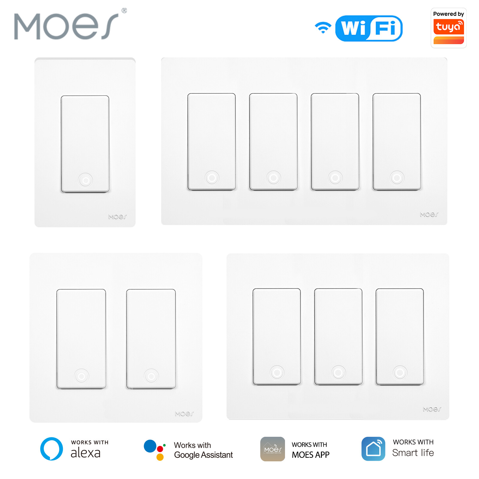 MOES 1/2/3/4Gang WiFi Smart Wall Light Switch 3 Way with Alexa Google APP Remote