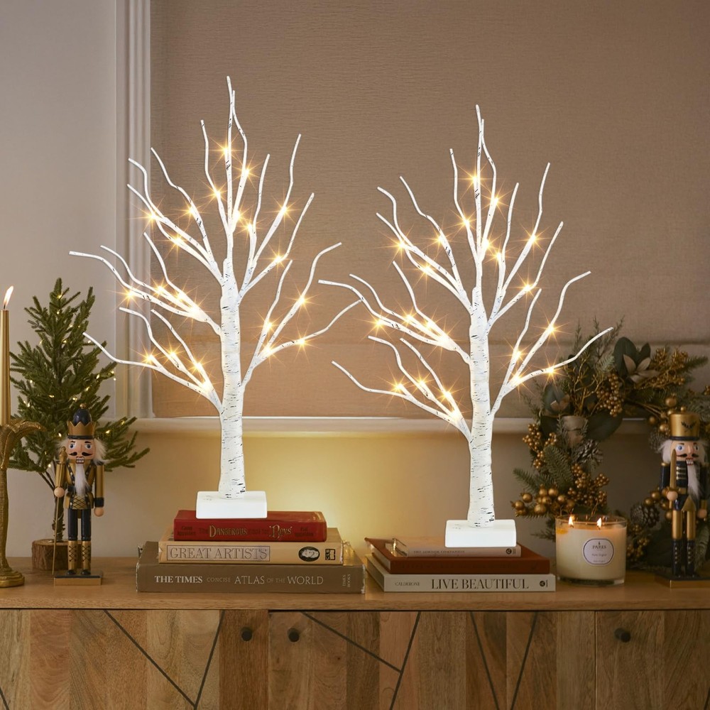 Easter Decorations, 2FT Birch Tree with LED Lights, Warm White Light up Tree ...