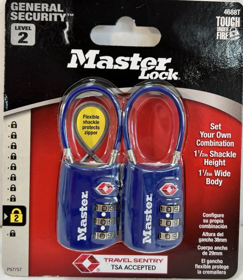 Brand New Master Lock 4688T Padlock Set, Blue- 2 Pack Combination Level 2