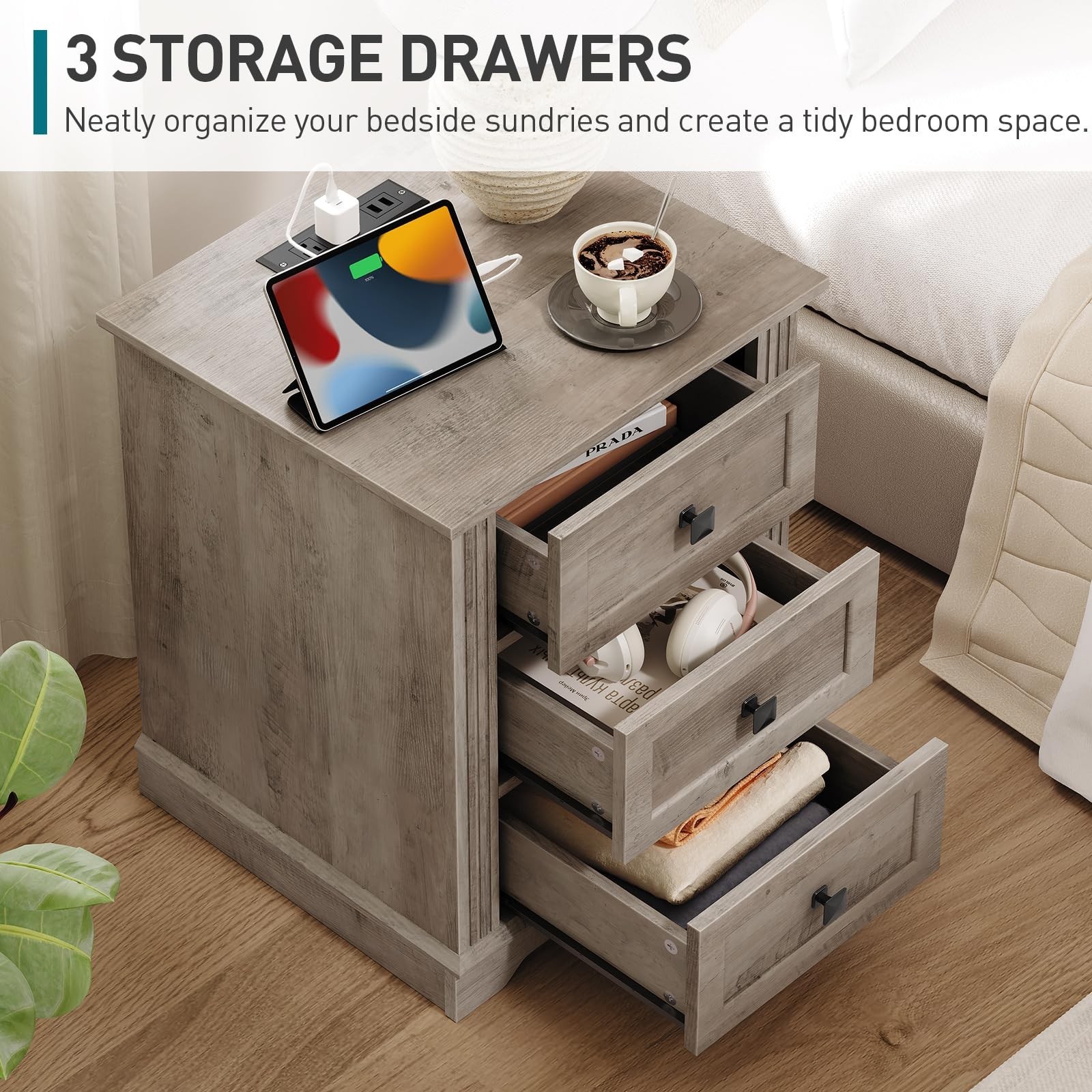Nightstand with 3 Drawers, 18 Inch Wide End Table with Charging Station, Farm...