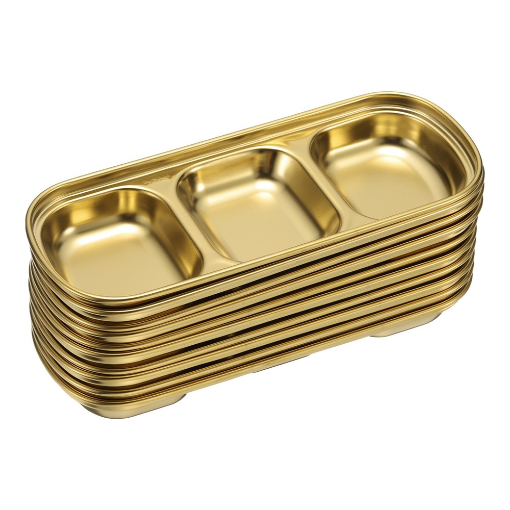 10pcs Metal Dish Dipping with 3 Rectangular Compartment Divided Gold