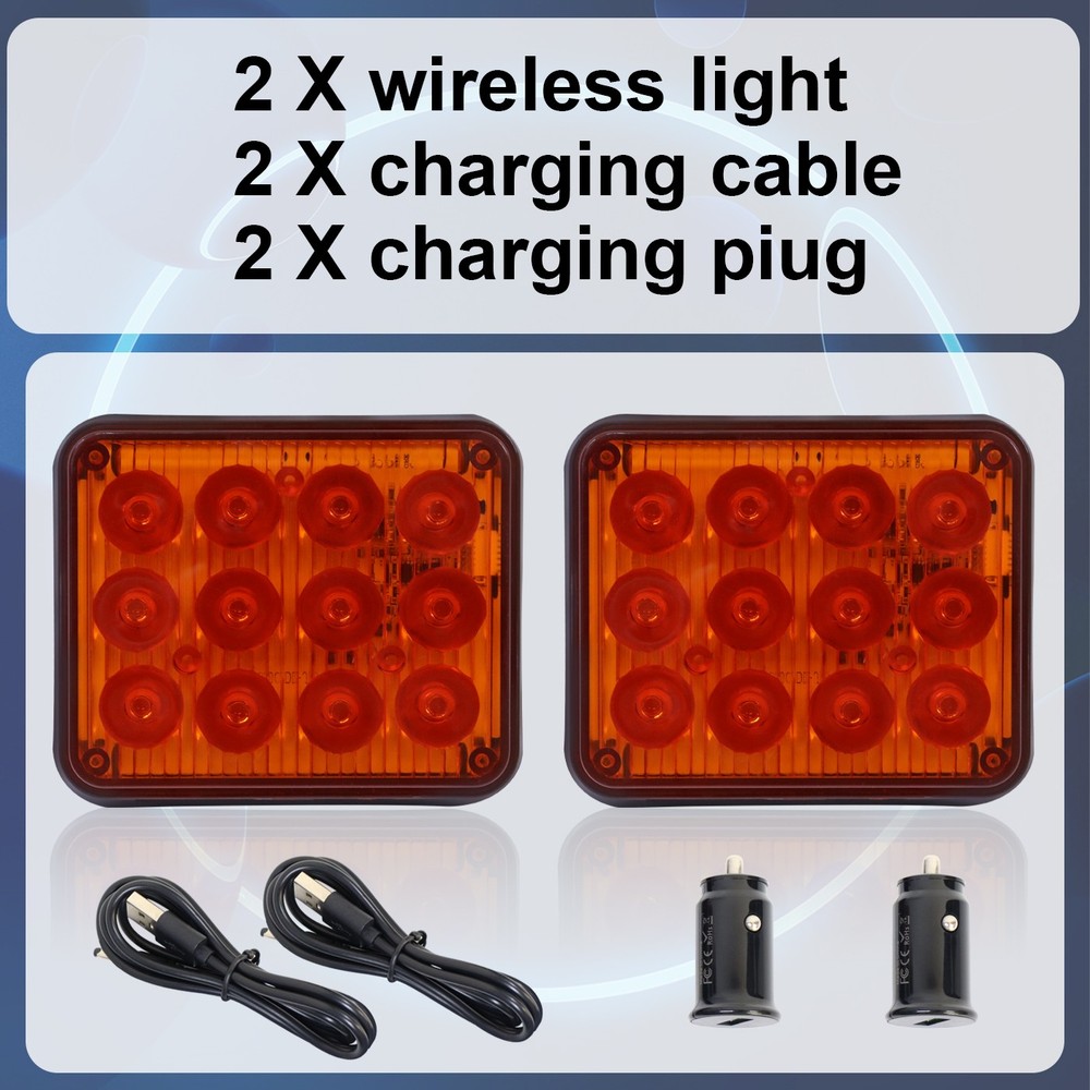 2PCS Wireless Magnetic Amber Strobe Light Rechargeable Emergency Warning Kit