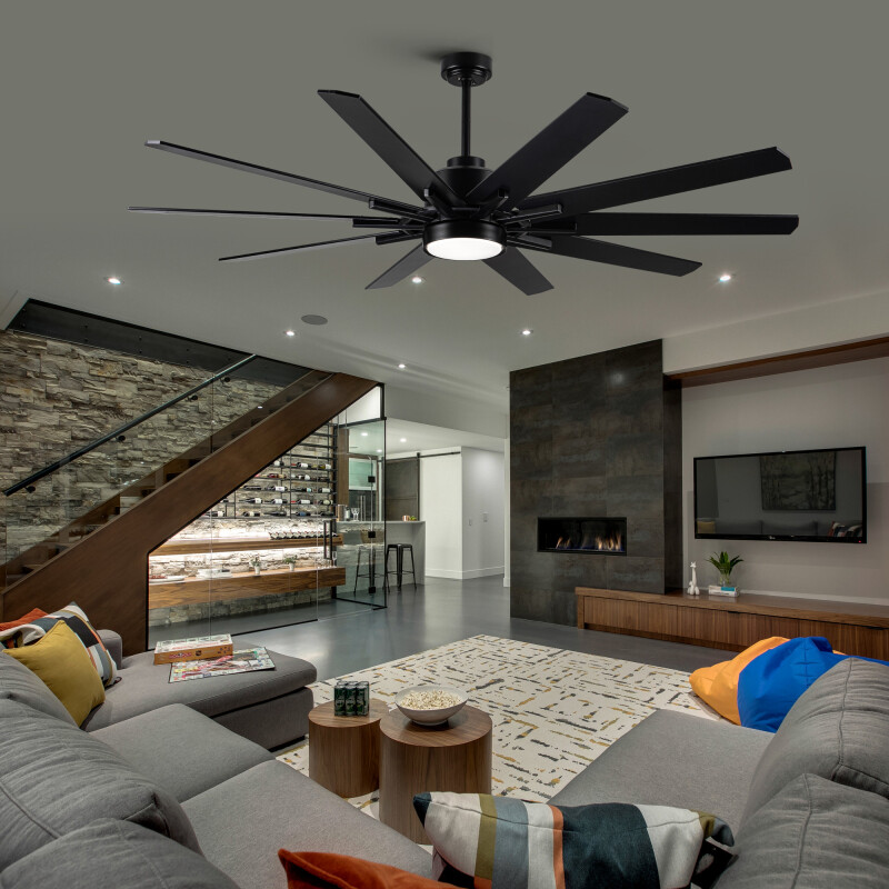 Modern 72 in Ceiling Fan with LED Light, Remote Control, 10 Blades, Black