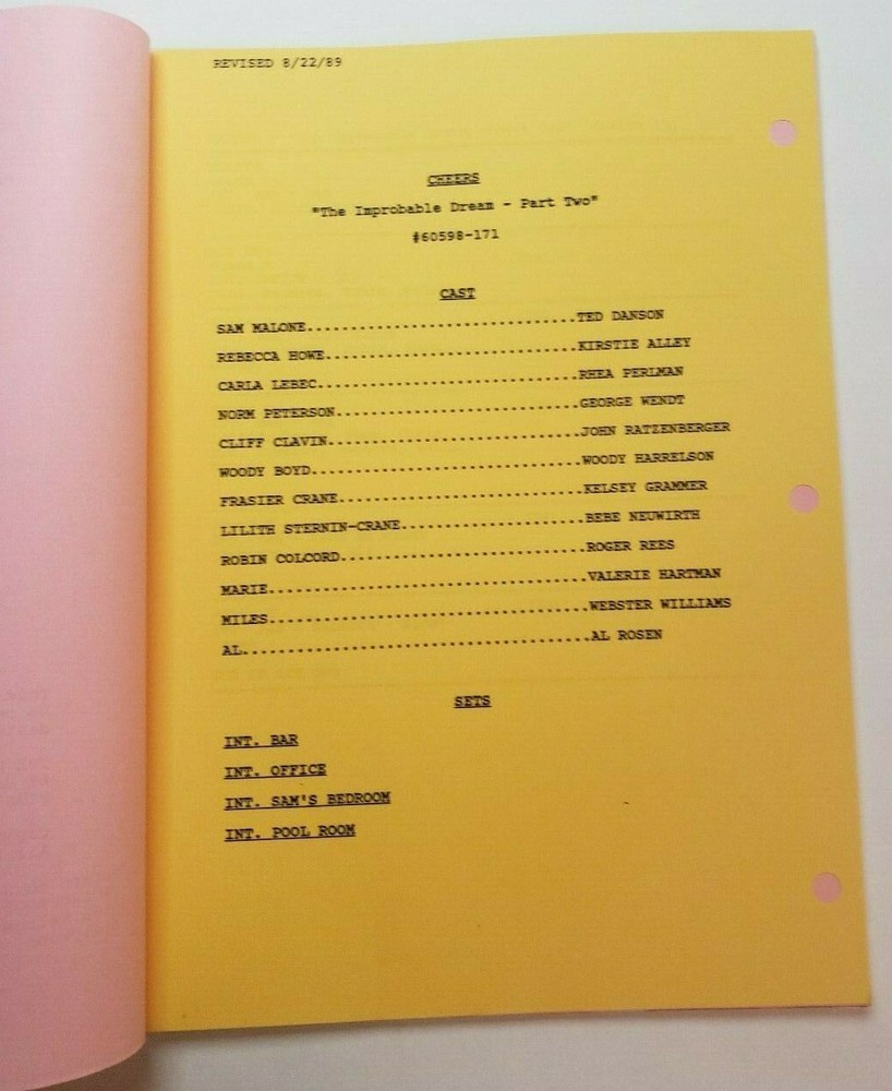 CHEERS / Cheri Eichen 1989 TV Script, Ted Danson "The Improbable Dream: Part 2"