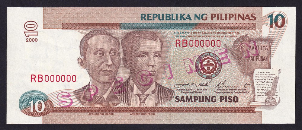 2000 NEW DESIGN 10 Pesos SPECIMEN RED SOLID NO. RB000000 Philippine Banknote