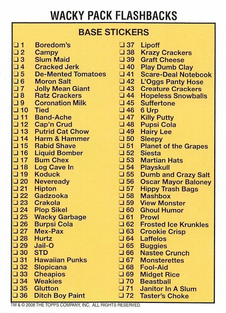 TOPPS 2008 WACKY PACKAGES FLASHBACK SERIES 1 COMPLETE 72-CARD BASE SET +WRAPPER
