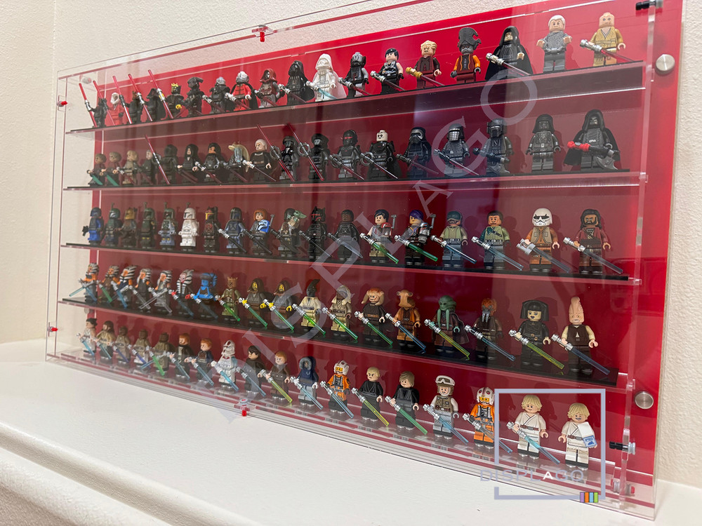 Wall mounted 100 LEGO® minifigures display case. Show case. Display case
