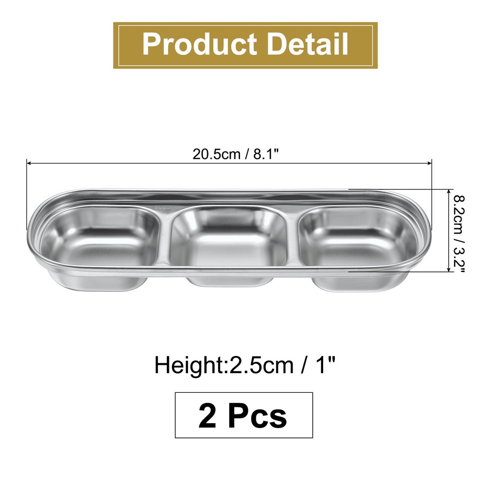2pcs Metal Dish Dipping with 3 Rectangular Compartment Divided Silver