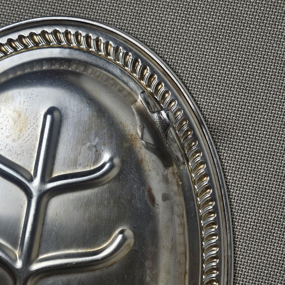 Silver Plate Meat Serving Tray Tree Design Ornate Edge 16" x 11"