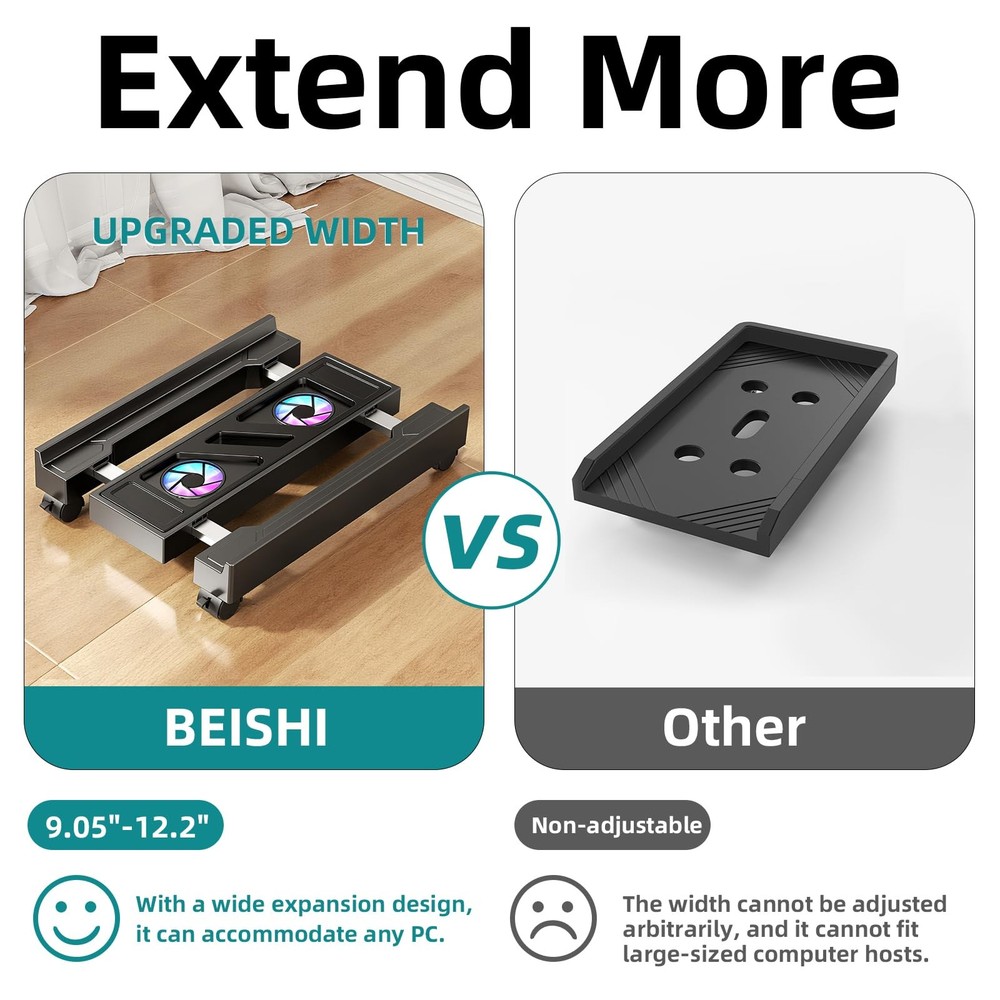 Adjustable Computer Tower Stand with Cooling Fan, Mobile CPU Holder with 4 Rolli