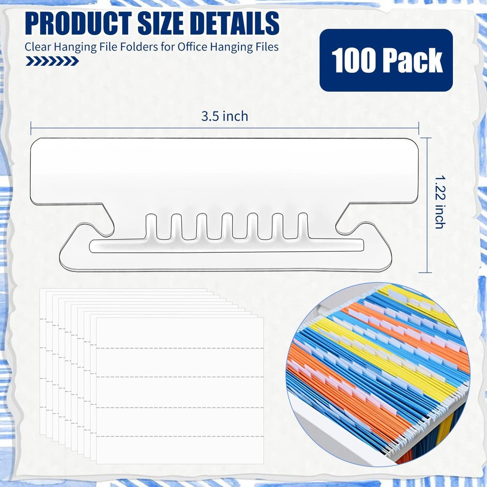 100Pcs 3 1/2 Inch Hanging File Folder Tabs Plastic Tabs for Hanging File Fold...