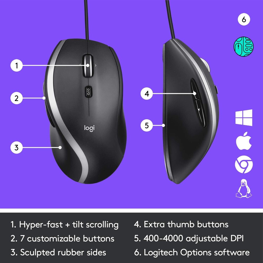 Logitech M500s Advanced Corded Mouse with Advanced Hyper-fast Scrolling & Tilt,