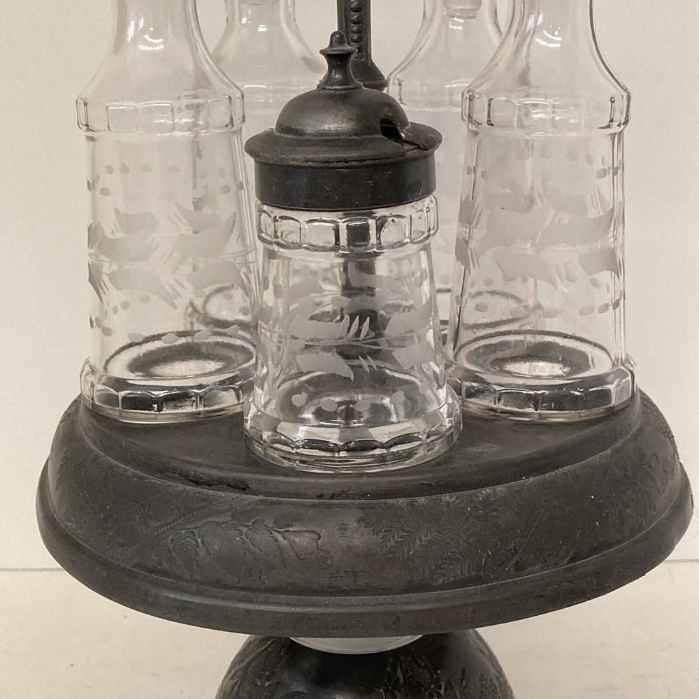 Antique Victorian Silverplate Caster Revolving Cruet Set 5 pieces Oxidized