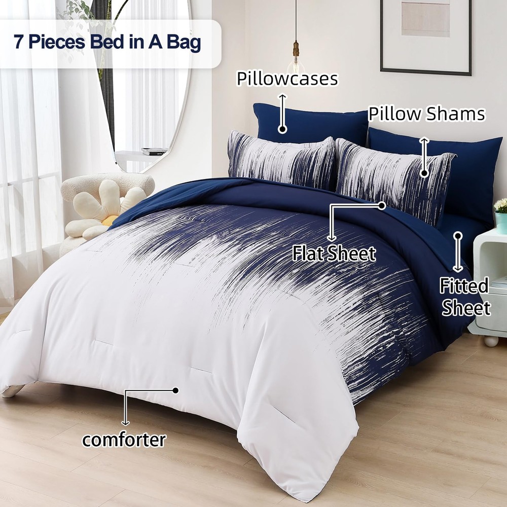 Ombre Blue Comforter Set King Size Gradient Navy Blue White Boho Bedding Set ...