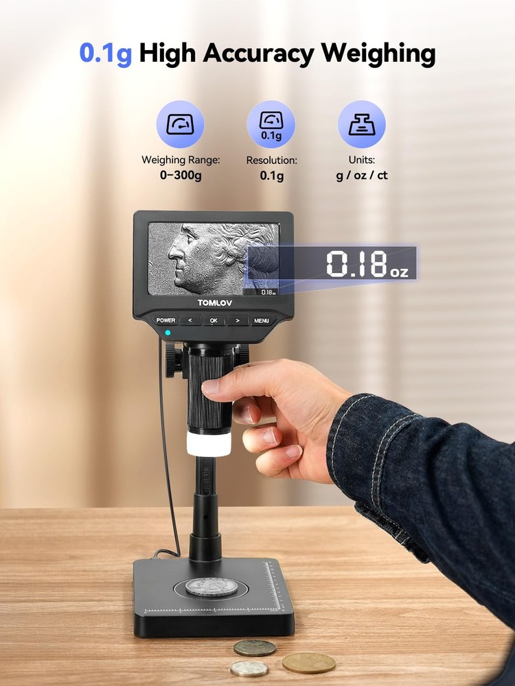 TOMLOV DM4W Microscope with Weighing Scale 4.3" Digital Coin Microscope with ...