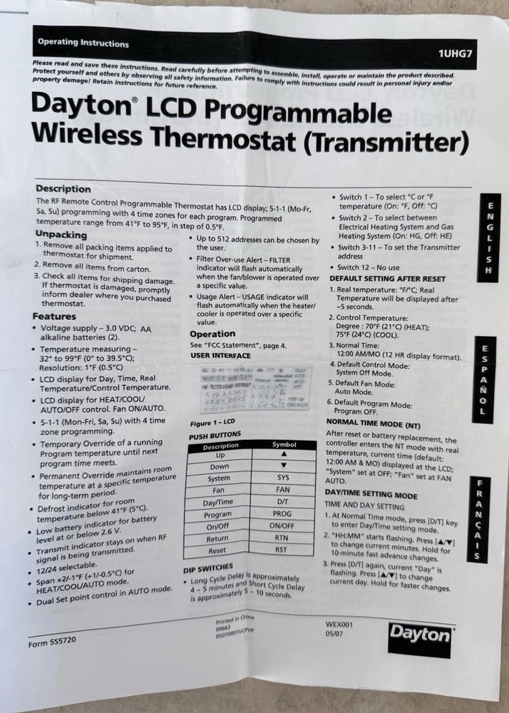 Dayton 1UHG7 RF Wireless Thermostat Programmable Push Button 24V Heat Cool