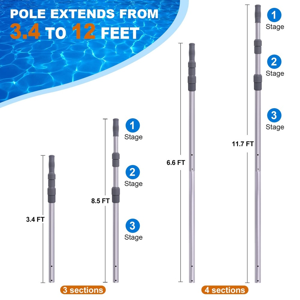 12 Foot Telescoping Pool Pole Adjustable for Skimmer Net Brush Vacuum Head