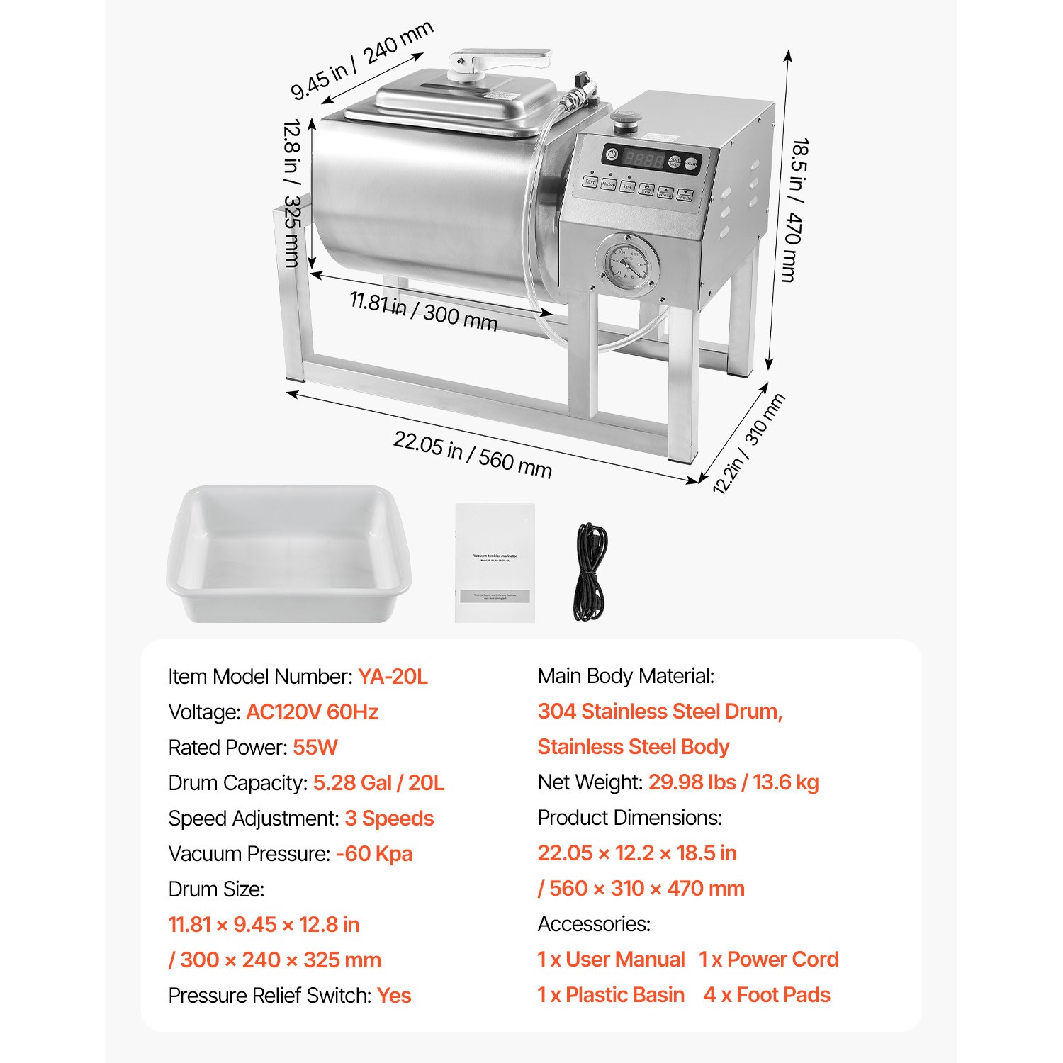 Vacuum Meat Tumbler Marinator Machine 20L Chicken Steak Fish Marinating Machine
