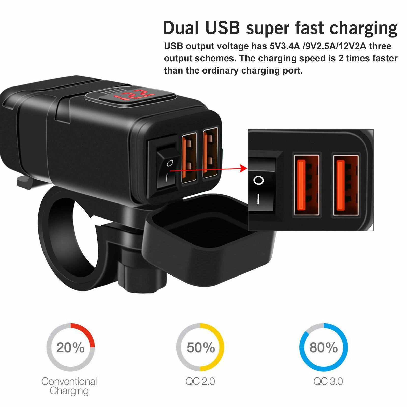 QC 3.0 Motorcycle Dual USB Phone GPS Super Fast Charger Adapter LED Waterproof