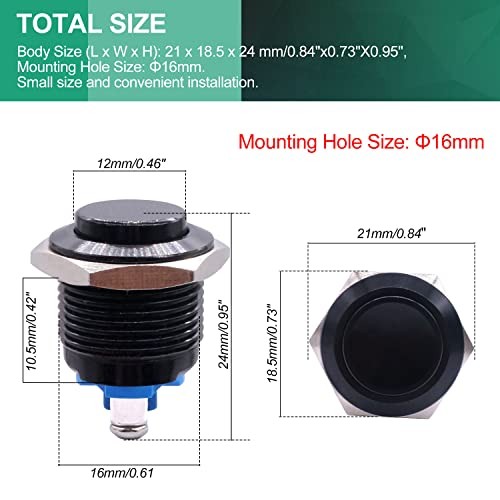 /16mm Waterproof Metal Shell Momentary Raised Top Push Button Switch Black
