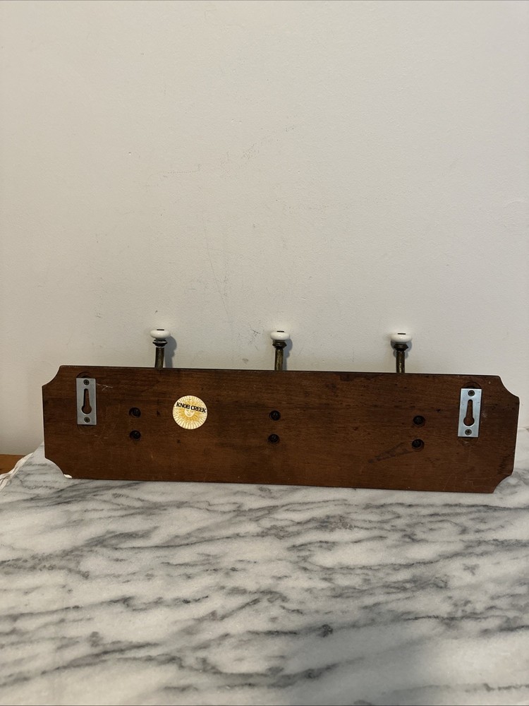 VTG Large Antique Solid Wood Wall Coat Hang Three Brass Hooks Porcelain Knobs