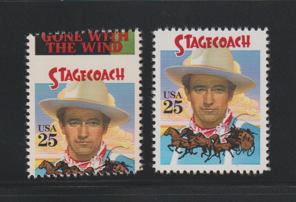 US EFO ERROR Stamps #2448 John Wayne Stagecoach: Huge Perf. Shift & Normal MNH