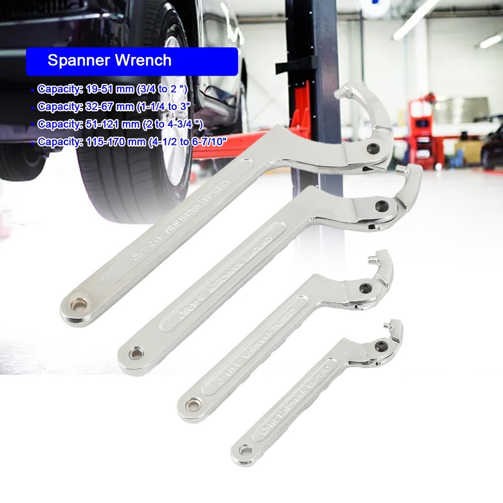 4-Pc Chrome Vanadium Adjustable Hook Wrench Set for Hydraulic Rams and Machines