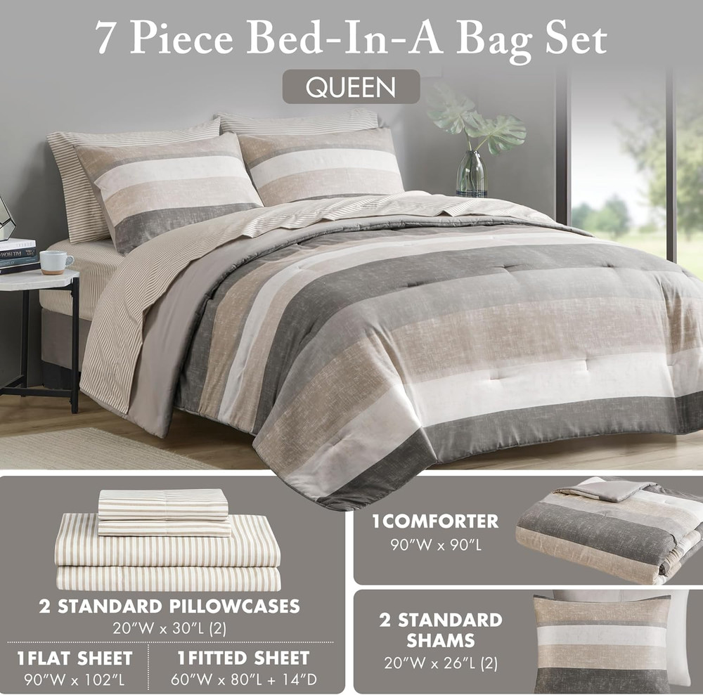 Essentials Queen Comforter Set, Bed in a Bag Comforter & Sheet Set, Modern Casua
