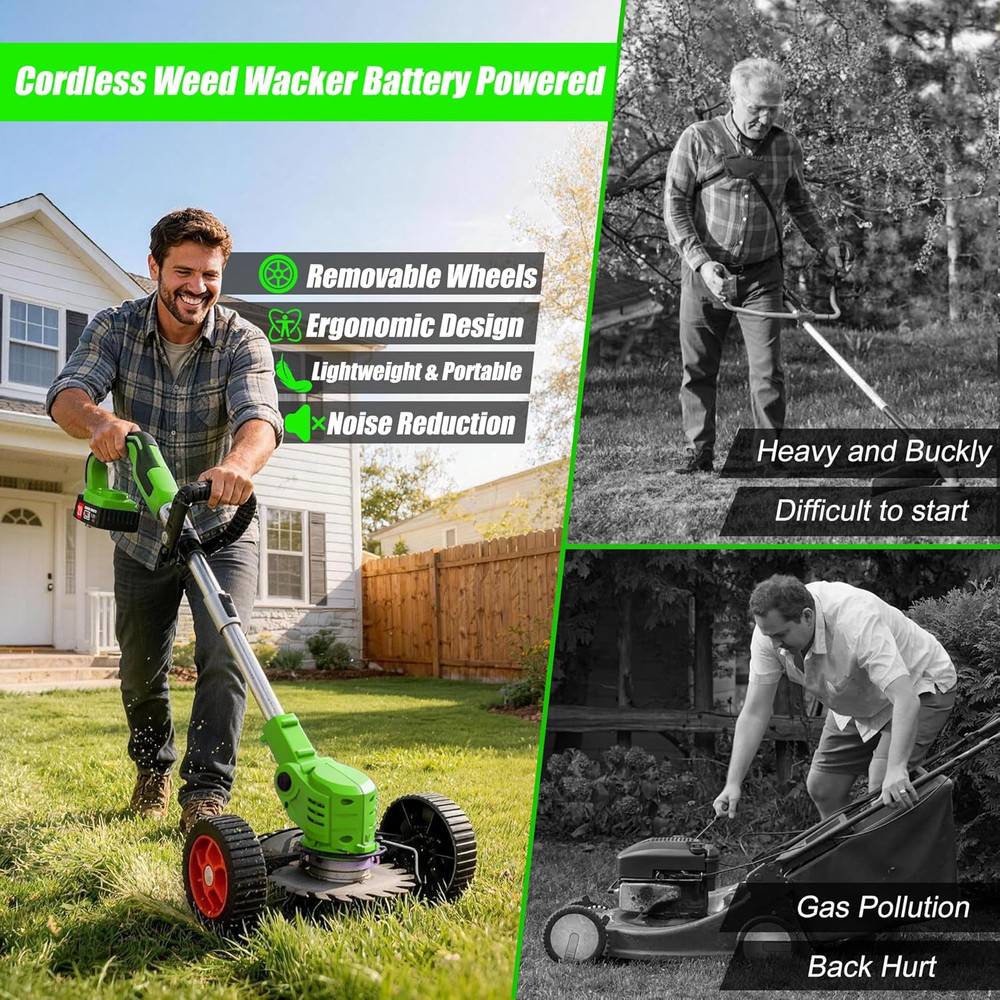 Cordless Weed Wacker Electric Eater Battery Powered Stringless Weed Trimmer 3-In