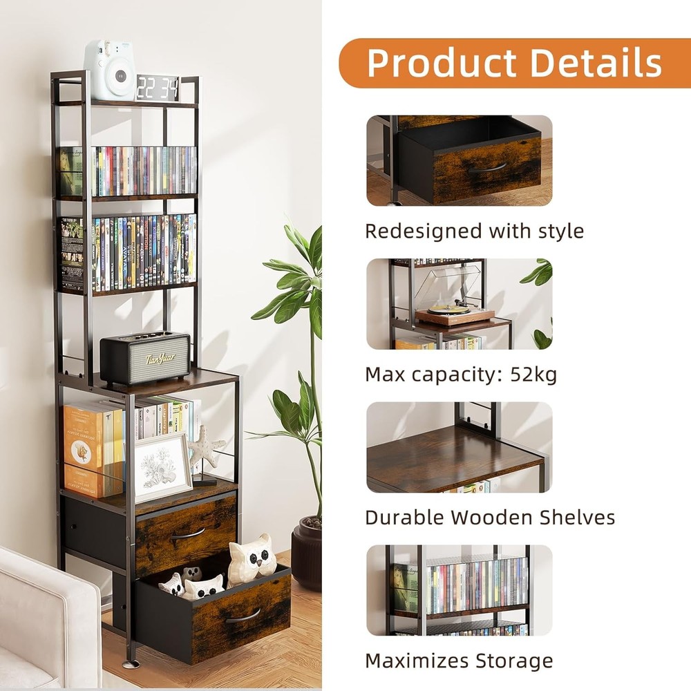 CD Rack & Storage W/ Two Drawers 7-Tier DVD Shelf & Rack CD Storage Tower &