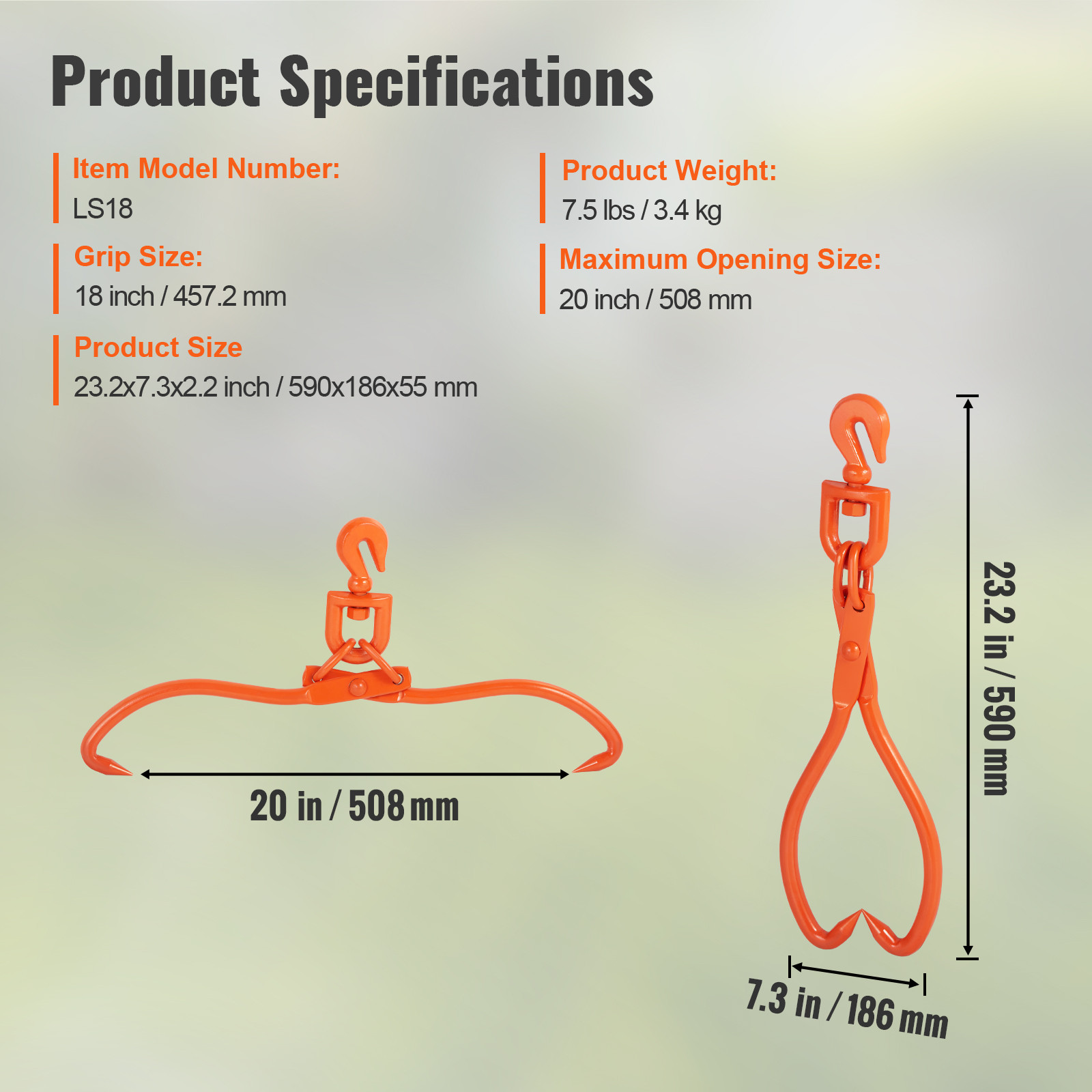 VEVOR Log Skidding Tongs 18 inch 2 Claw Log Lifting Tongs Heavy Duty Rotating